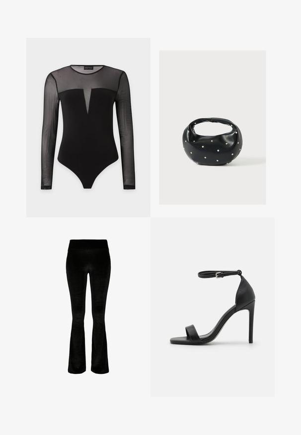 Body negro ajustado con mangas largas transparentes y parte superior del pecho, con un detalle de escote profundo en forma de V en la parte delantera.; Pantalones acampanados negros en tejido suave de terciopelo. Cintura alta y textura lisa. El diseño presenta un corte acampanado desde la rodilla hacia abajo.; Sandalia de tacón alto negra con un diseño elegante, que cuenta con una correa en el tobillo, punta abierta y una textura de cuero suave.; Bolso de mano de cuero negro con forma redondeada, decorado con detalles de tachuelas plateadas y un asa corta. Textura lisa y cierre con cremallera.