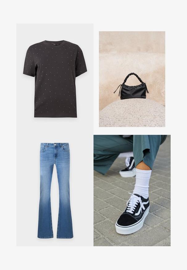 T-shirt noir à manches courtes avec un col rond et des clous métalliques dispersés sur le devant, fabriqué en coton doux.; Jeans évasés bleu clair avec une finition délavée, dotés d'une fermeture à bouton et à glissière à l'avant, de cinq poches et de détails de couture visibles.; Baskets en suède noir avec des accents et des lacets blancs, présentant une épaisse semelle blanche et des coutures contrastantes, associées à une chaussette blanche.; Sac à main noir froncé avec une poignée froncée, posé sur une sphère en pierre texturée devant un mur en béton beige.