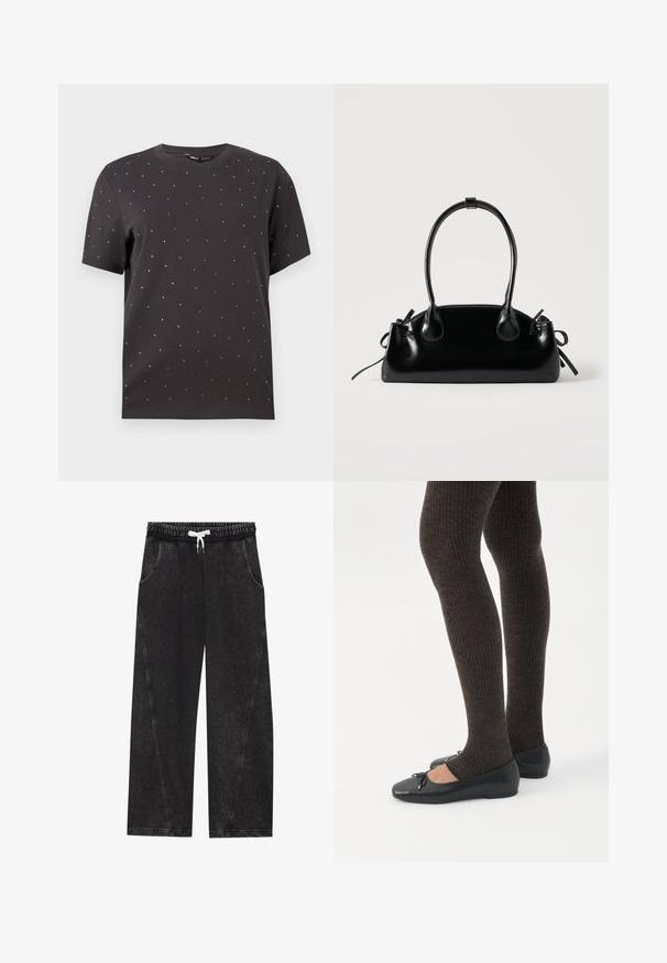 T-shirt noir à manches courtes avec un col rond et des clous métalliques dispersés sur le devant, fabriqué en coton doux.; Pantalons noirs à jambes larges en tissu texturé. Comprend une taille élastique avec un cordon blanc et des poches avant avec des coutures diagonales.; Jambes portant des leggings côtelés foncés associés à des ballerines noires avec de petits détails en nœud sur fond blanc.; Petit sac à main noir brillant avec deux longues anses et des détails à cordon sur les côtés sur un fond clair uni.