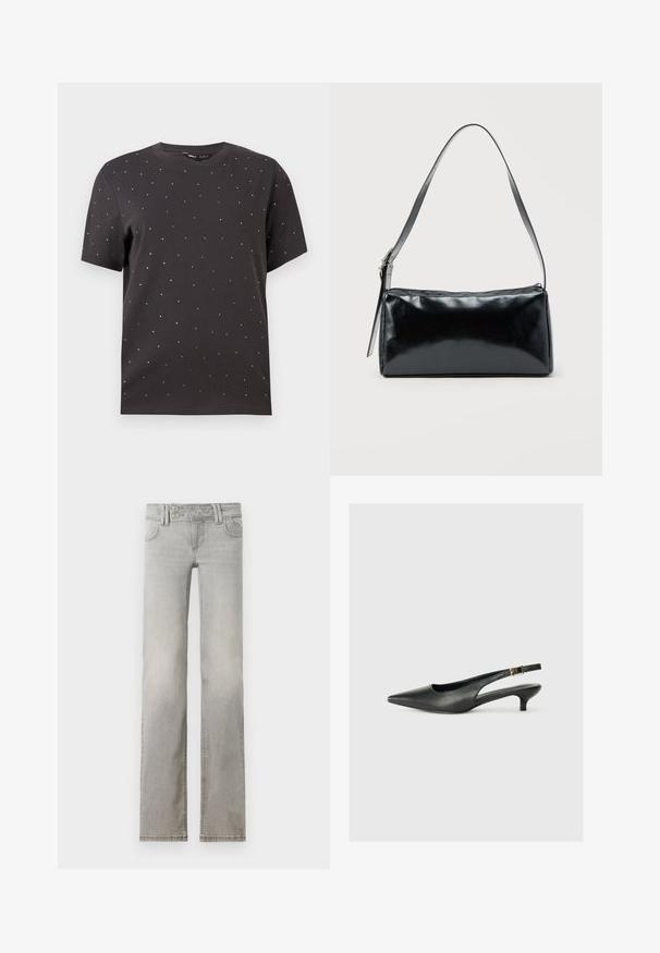 T-shirt noir à manches courtes avec un col rond et des clous métalliques dispersés sur le devant, fabriqué en coton doux.; Jean gris clair avec une coupe droite, en denim. Il dispose de deux poches avant, d'une taille avec deux boutons et de coutures visibles.; Chaussure slingback noire à bout pointu en cuir lisse. Présente un talon fin et un détail de boucle sur la sangle réglable.; Sac d'épaule rectangulaire noir avec une sangle réglable unique et une fermeture éclair supérieure sur un fond uni.