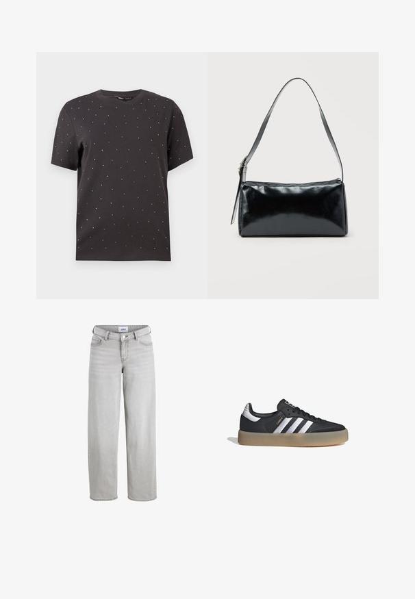 Camiseta de manga corta negra con cuello redondo y acentos de tachuelas metálicas dispersos en el frontal, fabricada en suave algodón.; Jeans de mezclilla gris claro con un corte relajado, piernas rectas y una cintura de altura media. Presenta presillas para cinturón, cierre de botón y bolsillos estándar.; Zapatilla deportiva de cuero negro con tres rayas plateadas, punta texturizada y suela de goma. Cuenta con un collar acolchado y un diseño con cordones.; Bolso de hombro rectangular negro con una correa ajustable y un cierre de cremallera superior sobre un fondo liso.