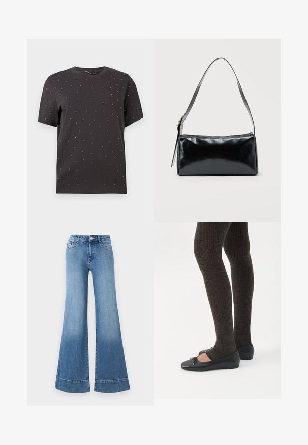 Zwart T-shirt met korte mouwen, voorzien van een ronde halslijn en verspreide metallic studs op de voorkant, gemaakt van zachte katoen.; Lichtblauwe denim flared jeans met een hoge taille, wijd uitlopende benen en een lichte vervaging. Heeft een klassiek vijf-pocket ontwerp en een metalen knoopsluiting.; Benen met donkere geribbelde leggings gecombineerd met zwarte ballerina's met kleine strikdetails op een witte achtergrond.; Zwarte rechthoekige schoudertas met een enkele verstelbare band en een bovenste ritssluiting op een effen achtergrond.