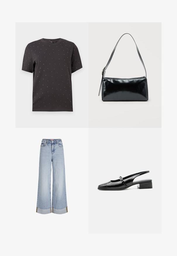 Camiseta de manga corta negra con cuello redondo y acentos de tachuelas metálicas dispersos en el frontal, fabricada en suave algodón.; Vaqueros de pierna ancha de color azul claro con cintura alta, dobladillos deshilachados y detalles de costura en contraste, fabricados en tejido de mezclilla.; Zapato slingback de charol negro con tacón bajo y grueso y una fina correa con hebilla de plata en la parte superior.; Bolso de hombro rectangular negro con una correa ajustable y un cierre de cremallera superior sobre un fondo liso.