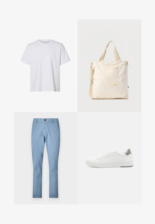 Απλό λευκό κοντομάνικο μπλουζάκι με στρογγυλή λαιμόκοψη, κανονική εφαρμογή και ομαλή υφή υφάσματος, παρουσιάζεται σε λευκό φόντο.; Απαλές μπλε παν trousers από υφαντό ύφασμα, με κλείσιμο κουμπιού και κανονικές τσέπες, σε στενή γραμμή και με περιποιημένα μπατζάκια.; Λευκά αθλητικά παπούτσια από λεία δέρμα, με στρογγυλή μύτη, μινιμαλιστικό σχέδιο, γκρι λεπτομέρεια στη φτέρνα και υφασμάτινη αντιολισθητική σόλα.; Εκρού τσάντα ώμου καμβά με μπροστινή τσέπη, δύο χερούλια, ρυθμιζόμενο λουρί ώμου και μικρό κίτρινο κείμενο "O.N.S" στο κάτω δεξί μέρος της τσέπης.