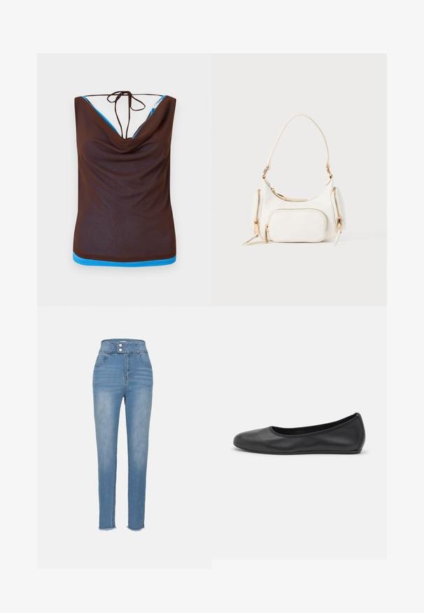 Brun ærmeløs top med sejlskraver, tynde stropper bundet bagpå og lyseblå kant langs halsudskæringen og kanten.; Højtaljede blå denimjeans med knaplukning, forlommer og let frynset kant. Glat tekstur og tætsiddende ben design.; Sort læderballetsko med rund tå, glat tekstur, minimal syning og et fleksibelt såldesign.; Hvid håndtaske med en kort skulderrem, tekstureret overflade, flere lynlåslommer og detaljer i guldfarvet metal. Kompakt og moderne design.