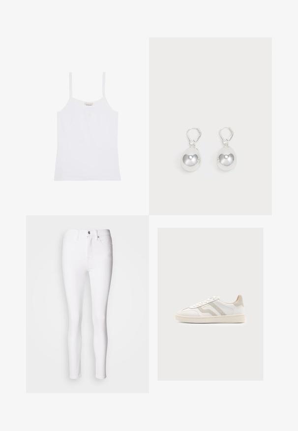 Valge Calvin Klein naiste tanktop õhukeste õlapaelte ja lihtsa, kehasse istuva disainiga.; Valged denim skinny teksad kõrge vöökohaga, ees nupuga ja tõmblukuga kinnitamine, viie taskuga. Sile tekstuur, sobiv disain.; Valge madala säärega toss koos beeži seemisnahast detailidega, nööridega sulgemine, tekstureeritud tald ja GANT logo küljel.; Hõbedased langenud kõrvarõngad, millel on siledad, ümmargused, peegeldavad pinnad, mis ripuvad klamberkinnituselt. Taust on lihtne valge.