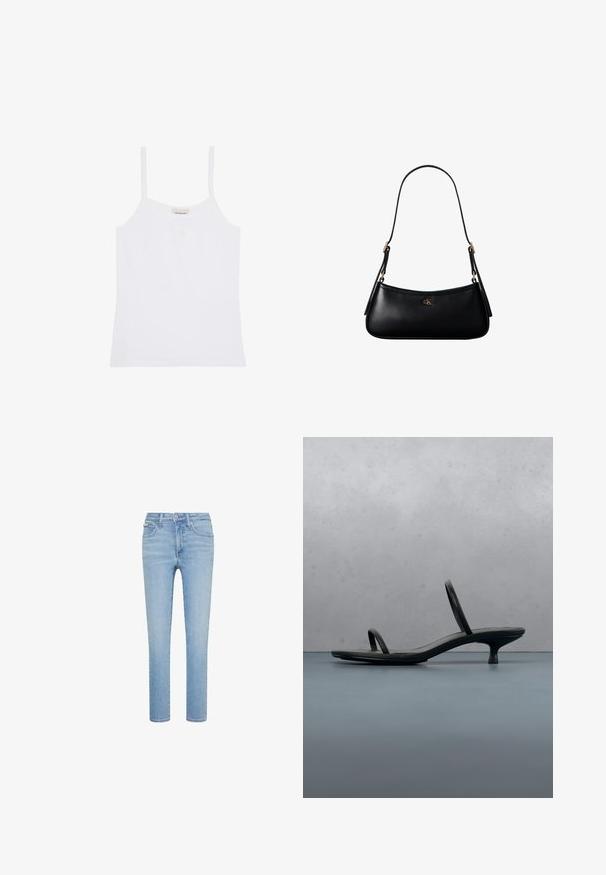 Valge Calvin Klein naiste tanktop õhukeste õlapaelte ja lihtsa, kehasse istuva disainiga.; Hele sinist värvi teksapüksid, sirge lõikega, viie taskuga stiilis, ees nööbi ja tõmblukuga kinnitusega, kerge pleekimise ja õmblusdetailidega.; Mustad Calvin Kleini kontsakingad koos õhukeste rihmadega, tasakaalus puitplaatide peal õues, seina ja rohelise taimestiku lähedal.; Mustast nahast väike õlakott õhukese rihmaga ja väikese kuldse CK logoga esikülje keskel.