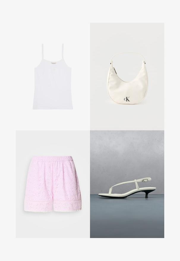 Valge Calvin Klein naiste tanktop õhukeste õlapaelte ja lihtsa, kehasse istuva disainiga.; Roosa puuvillased lühikesed püksid, millel on tikandiga lillemuster, elastne vöökoht ja pitsäär. Kerge ja hingav kangas.; Valge rihmadega kitten-kontsaga sandaal, millel on terav ninaosa, hõljumas puidust plaatpõranda kohal õues, taustal hägune taim ja sein.; Väike valge poolkuu-kujuline käekott lühikese sangaga, lukuga ja musta "cK" logoga esiküljel.