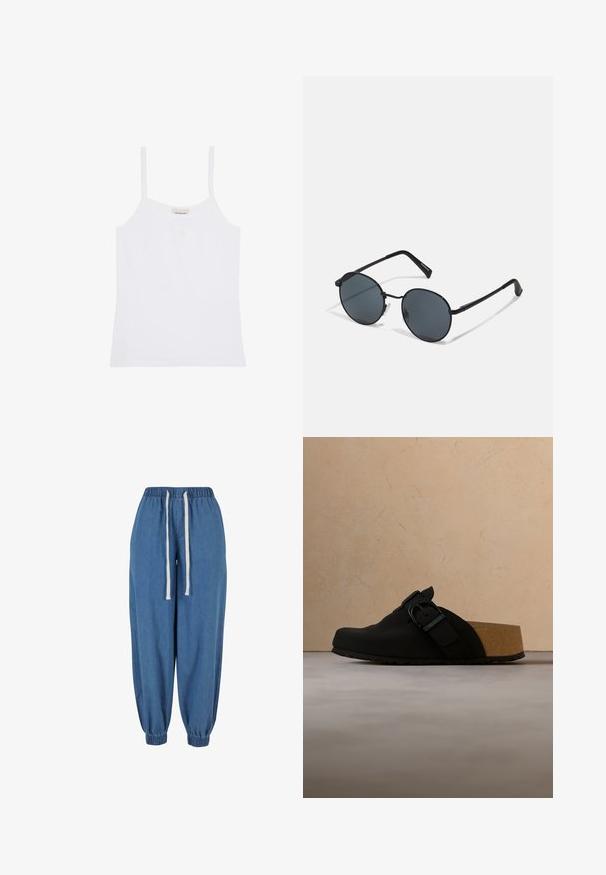 Witte Calvin Klein damestanktop met dunne schouderbandjes en een simpel, aansluitend ontwerp.; Blauwe denim joggerbroek met elastische tailleband en boorden, met witte aantrekkoorden in de taille.; Zwarte instapklomp met kurken voetbed, verstelbare gesp en gestructureerde zool zwevend boven een betonnen vloer.; Zwarte metaalachtige zonnebril met ronde glazen, donker getint, slanke armen en verstelbare neussteunen, met een minimalistisch ontwerp en zonder zichtbare branding.