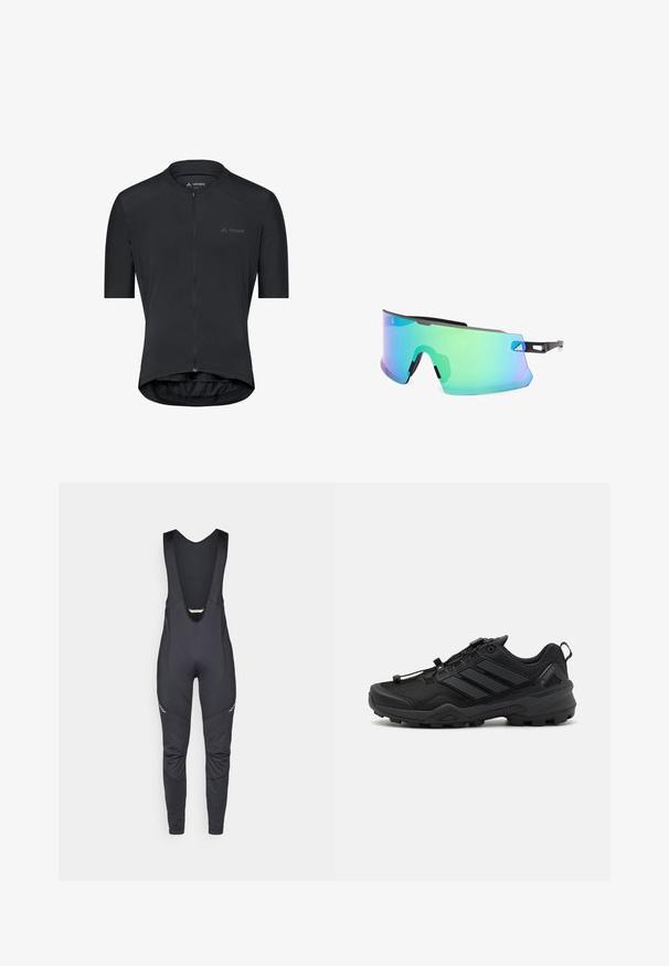 Schwarzes Kurzarm-Radtrikot mit Frontreißverschluss und Vaude-Logo auf der Brust, entwickelt für eine leistungsorientierte Passform und Aerodynamik.; Vaude MENS MATERA WARM - Bib-Tights - black; Schwarzer Sportschuh mit einem strukturierten Mesh-Obermaterial, kontrastierenden synthetischen Akzenten und einer robusten Gummisohle. Verfügt über ein sicheres Schnürsystem und eine hintere Lasche.; Sportsonnenbrille mit einer großen, gebogenen grün-blauen verspiegten Linse, schwarzem Rahmen und einem markanten, kantigen Design. Strukturierter Griff am Innenrahmen.
