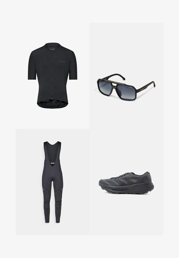 Zwart fietsshirt met korte mouwen, voorzien van een voorrits en het Vaude-logo op de borst, ontworpen voor een prestatiegerichte pasvorm en aerodynamica.; Vaude MENS MATERA WARM - Lange fietsbroek met bandjes - black; Zwarte hardloopschoen met bovenwerk van mesh, gestructureerde overlay's en dikke rubberen zool. Voorzien van zes veterogen en een geprint ontwerp.; Zwarte rechthoekige zonnebril met gradiëntlenzen, gouden accenten op de brug en de pootjes, en textuur op de armen voor extra grip.