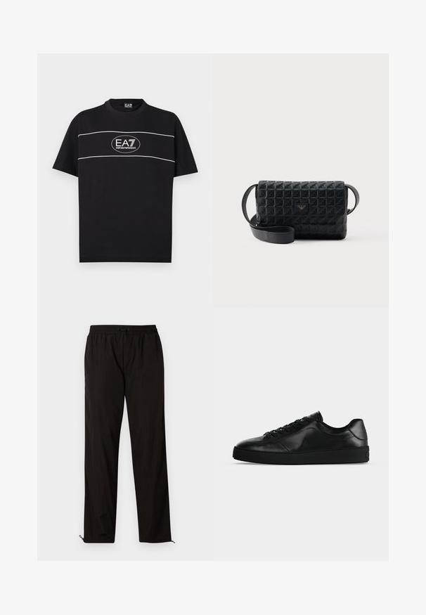 Musta, lyhythihainen T-paita, jossa valkoisia vaakasuoria viivoja ja rintakehän keskellä ovaalinen logo, jossa lukee "EA7 Emporio Armani".; Mustat kevyet housut, joissa on joustava vyötärö, kiristysnauha ja vetoketjulliset lahkeet säädettävään istuvuuteen. Sujuva, sleek-tuntu.; Matala profiilinen musta nahkainen tennari, jossa edessä nauhat ja teksturoidulla litteällä pohjalla, esitetty sivulta neutraalilla taustalla.; Musta teksturoitu olkalaukku, jossa on läppäkansi ja pieni metallinen logo edessä, esitetty yksinkertaista taustaa vasten.