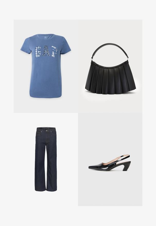 Blaues T-Shirt mit kurzen Ärmeln und "GAP" in großen Buchstaben über der Brust, wobei jeder Buchstabe ein anderes blau-weißes Muster zeigt.; Dunkelblaues, weites Jeanspaar mit hoher Taille, das über fünf Taschen, kontrastierende Nähte und einen rohen Saum am unteren Ende verfügt.; Schwarze Lackleder-Slingback-Schuhe mit spitz zulaufender Zehenpartie, niedrigem Blockabsatz und Ausschnitt-Design an den Seiten. Glatte Textur und schlichte Linien.; Schwarze plissierte Handtasche aus synthetischem Leder, mit einem gebogenen Griff und einem Reißverschlussverschluss oben. Glatte Textur mit strukturiertem Design.