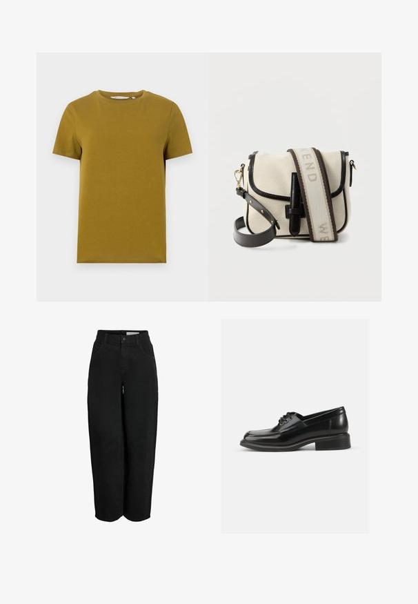 Camiseta de algodón de color amarillo mostaza y de manga corta. Presenta un escote redondo y un dobladillo recto con detalles de costura mínimos.; Pantalones de pierna ancha negros hechos de tela de algodón texturizado, con cierre de botón, trabillas para cinturón y cuatro bolsillos.; Zapato de dress de cuero negro con textura suave, puntera redondeada, dos ojales para cordones y un sólido tacón cuadrado. Diseño simple sin patrones.; Bolso de hombro de tela color crema con ribete negro, hebilla frontal y correa ancha de lona con texto tejido y detalles de cuero.
