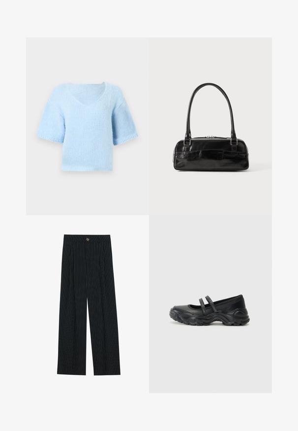 Suéter de punto azul claro con mangas cortas, cuello en V y corte ligeramente acortado sobre un fondo liso.; Pantalones de pierna ancha a rayas negras, fabricados con una tela texturizada, que cuentan con un cierre frontal de botón y un diseño plisado para mayor interés.; Bailarinas de charol negro con dos correas ajustables, puntera redonda y suela de goma texturizada para mayor agarre.; Bolso de mano de cuero negro con forma rectangular, equipado con un asa estructurada, herrajes en plata y cierre de cremallera. Textura suave.