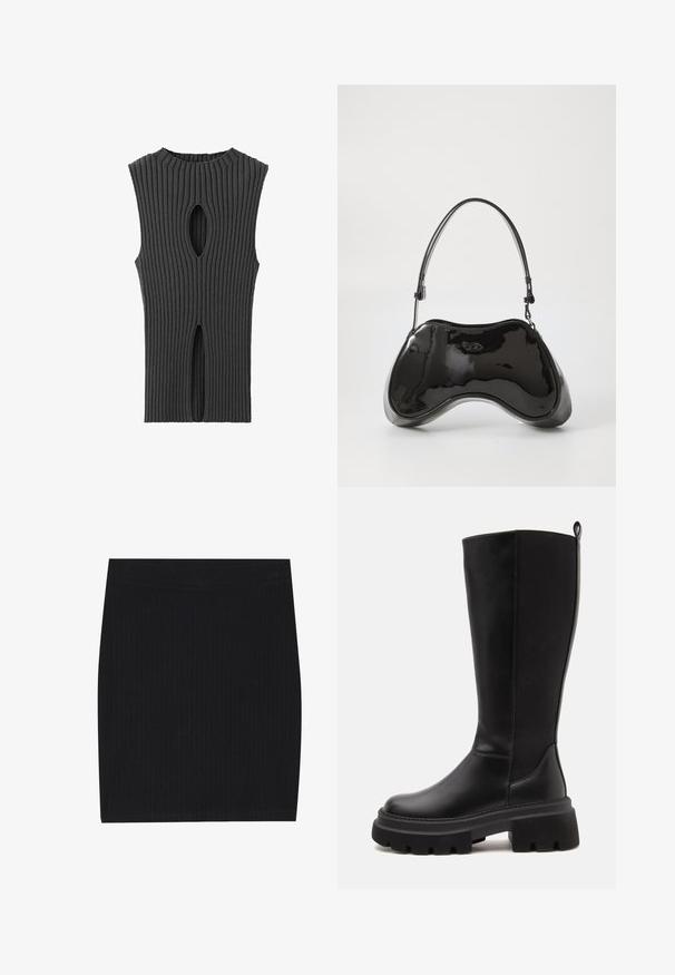 Mango Top - anthracite; Sort ribbet strikket mini nederdel med et tætsiddende design, glat tekstur og en elastisk talje for komfort.; Sort knæhøj støvle med tyk robust sål, glat læder foran, elastisk ribstrikket stof bagtil og løfteflig øverst bagpå.; Sort patentlæder håndtaske med en unik buet form, kort justerbar hank og en lynlåslukning i toppen. Glat tekstur med diskret branding.