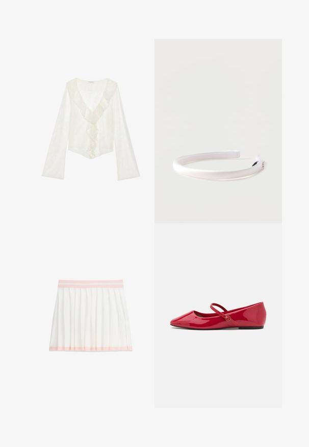 Top de encaje blanco con un escote en V profundo y un frente con volantes. Las mangas largas con un diseño acampanado crean una silueta fluida.; Falda blanca plisada con banda y detalle en el dobladillo de color rosa claro, hasta la rodilla, vista plana sobre fondo blanco.; Zapatillas tipo ballet de charol rojo con punta puntiaguda, correa en el tobillo y pequeño adorno redondo en la correa. Suela plana y textura suave.; Diadema acolchada de satén blanco con pequeños acentos de pedrería en un extremo, sobre un fondo claro y liso.
