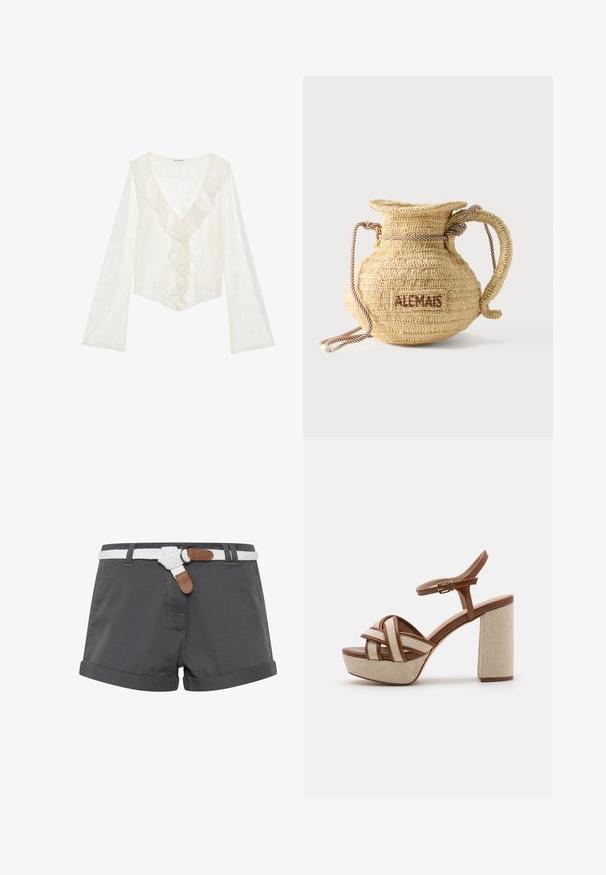 Witte kanten top met een diepe V-hals en een gefronde voorkant. Lange mouwen met een uitlopende ontwerp creëren een vloeiende silhouet.; Grijze katoenen shorts met opgerolde omslagen, voorzien van een witte gevlochten riem en bruine leren accenten. Stikdetails zijn zichtbaar op de stof.; Beige hoge haksandalen met geweven bovenste banden en een stevige bruine enkelband. Gestructureerd plateau en blokhak voor stabiliteit. Gouden gespdetails.; Ronde gevlochten strohandtas met een handvat van touw en "ALEMAIS" geborduurd aan de zijkant in bruine draad.
