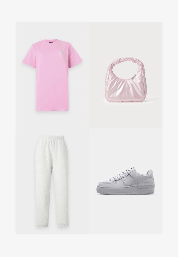 Lyserød bomulds t-shirt med korte ærmer, rund hals og en grafiktrykt på venstre brystområde med et logo i hvid.; Lys grå sweatpants med elastisk talje, tapered ben og ribbede manchetter. Fremstillet af et blødt, tekstureret stof. Hvid logo detalje på siden.; Grå Nike Air Force 1 sneakers med perforeret tå, glat læderoverdel, tyk sål og præget 'AIR' detalje på hælen.; Rosa, polstret håndtaske med afrundet design, lavet af skinnende materiale. Har et samlet håndtag og en lynlås til sikker adgang.