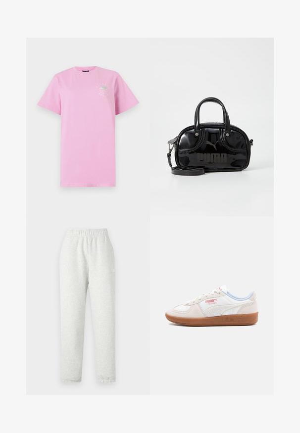 Camiseta de algodón rosa con mangas cortas, cuello redondo y un diseño gráfico en la zona del pecho izquierdo que presenta un logotipo en blanco.; Pantalones de chándal gris claro con una cinturilla elástica, piernas cónicas y puños acanalados. Fabricados con un tejido suave y texturizado. Detalle del logo blanco en el lateral.; Zapatillas Puma Palermo en cuero crema y blanco con suela de goma. Las características incluyen cierre de cordones y acentos laterales texturizados.; Bolso de mano de charol negro con dos asas superiores, correa para el hombro desmontable, forma redondeada y destacado logo en relieve de "PUMA".