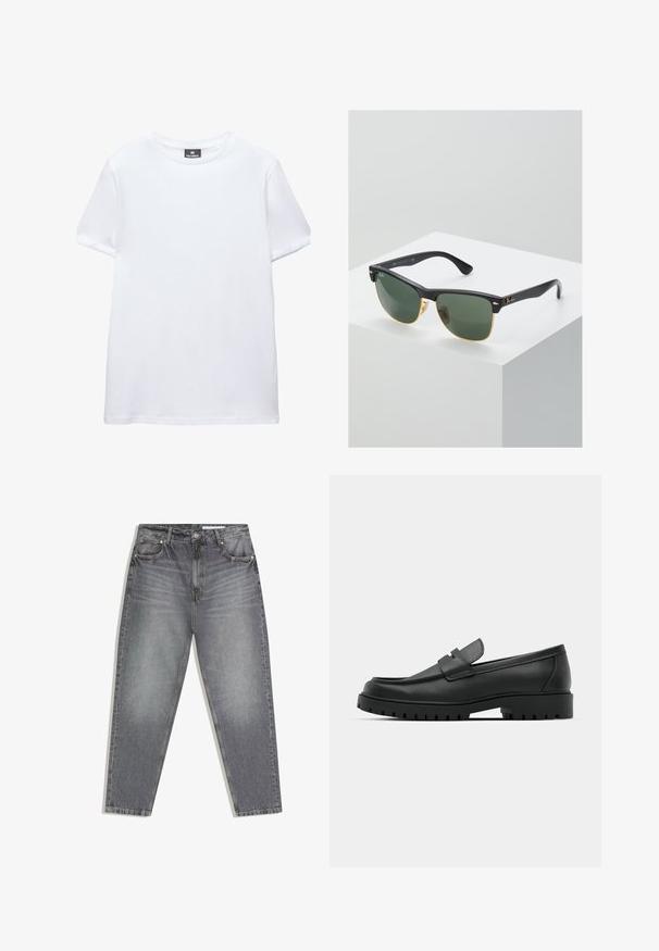 T-shirt blanc uni à manches courtes, col rond, avec une étiquette noire Pull&Bear à l'intérieur du col, présenté sur fond blanc.; Jean denim gris taille haute avec détails décolorés, cinq poches, fermeture par bouton et fermeture éclair.; Mocassins en cuir noir à bout arrondi, avec un design cousu, une semelle plateforme basse et une semelle en caoutchouc texturée et crantée.; Lunettes de soleil Ray-Ban avec des verres verts, monture en plastique noir et accents dorés sur les bords. Forme carrée avec une finition mate.