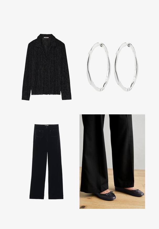 Veste noire à manches longues avec une surface texturée et scintillante. Elle présente un col et une fermeture à boutons sur le devant.; Pantalons larges en velours noir avec deux poches arrière et une texture lisse, présentant une coupe droite et une finition ourlée aux chevilles.; Pantalons larges noirs avec une surface texturée, associés à des chaussures plates ornées d'un nœud et d'un subtil design en croco embossé noir.; Paire de boucles d'oreilles ovales torsadées en argent poli avec fermoirs à charnière, présentée sur fond blanc.