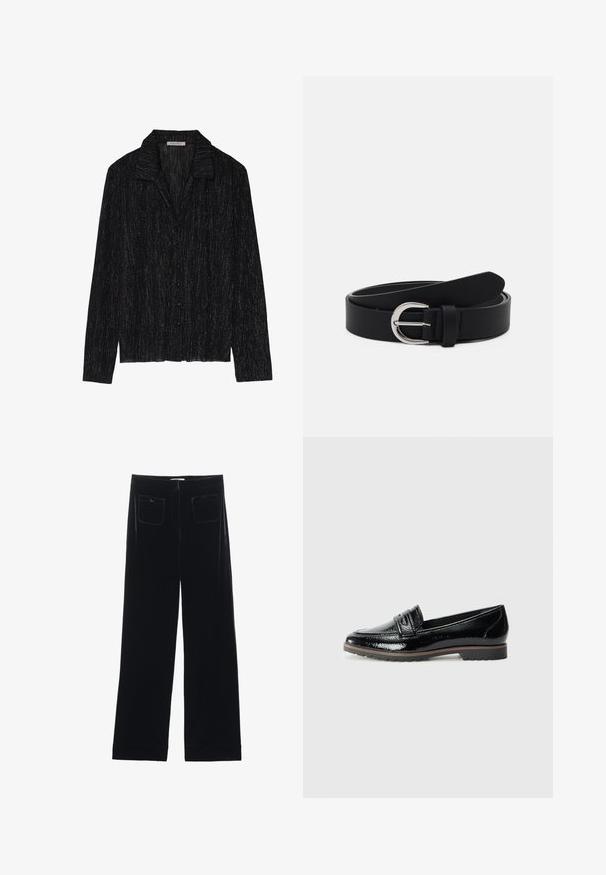 Veste noire à manches longues avec une surface texturée et scintillante. Elle présente un col et une fermeture à boutons sur le devant.; Pantalons larges en velours noir avec deux poches arrière et une texture lisse, présentant une coupe droite et une finition ourlée aux chevilles.; Mocassins en cuir verni noir avec un bout rond, descoutures décoratives et un détail de sangle, ainsi qu'une semelle en caoutchouc texturée et basse.; Ceinture en cuir noir avec une boucle ronde en métal argenté, design plat, extrémité effilée, texture lisse et style minimaliste.