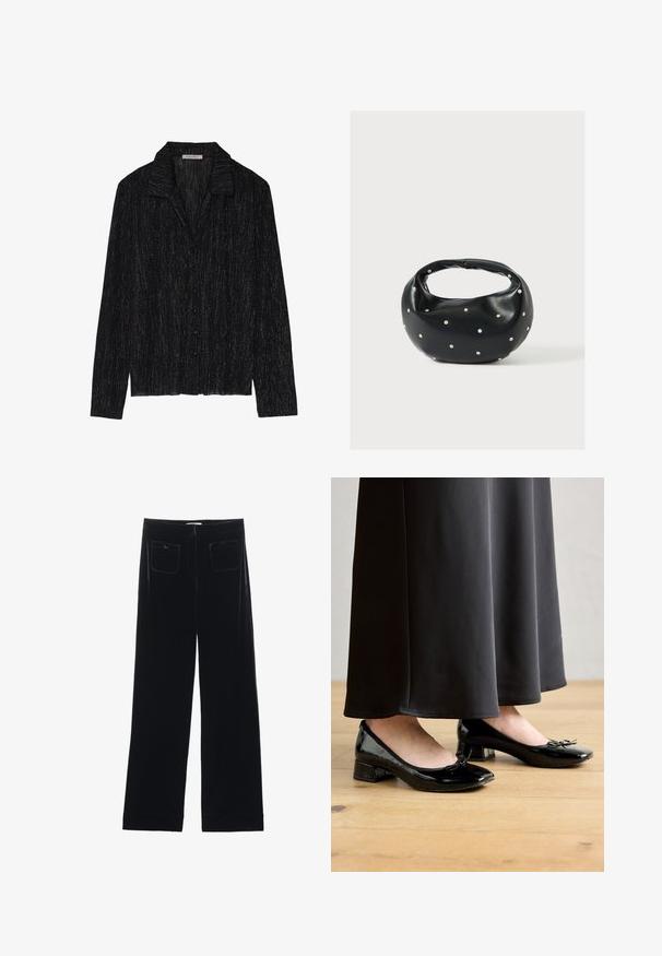 Chaqueta negra de manga larga con una superficie texturizada y brillante. Presenta un cuello con solapa y un cierre de botones en el frente.; Pantalones de terciopelo negro de pierna ancha con dos bolsillos traseros y una textura suave, con un corte recto y un acabado dobladillo en los tobillos.; Bailarinas de charol negro con un acento de moño, tacón bajo y punta redondeada, llevadas con una falda larga negra sobre un suelo de madera.; Bolso de mano de cuero negro con forma redondeada, decorado con detalles de tachuelas plateadas y un asa corta. Textura lisa y cierre con cremallera.
