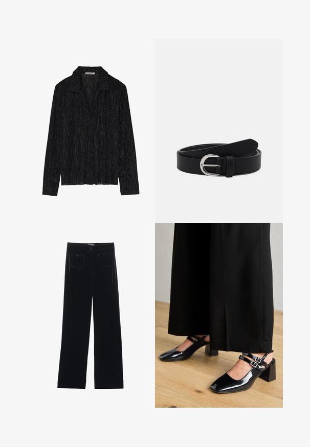 Veste noire à manches longues avec une surface texturée et scintillante. Elle présente un col et une fermeture à boutons sur le devant.; Pantalons larges en velours noir avec deux poches arrière et une texture lisse, présentant une coupe droite et une finition ourlée aux chevilles.; Chaussures slingback en cuir verni noir avec bouts carrés, dotées de double brides ajustables à la cheville et de talons blocs. Fini lisse et brillant.; Ceinture en cuir noir avec une boucle ronde en métal argenté, design plat, extrémité effilée, texture lisse et style minimaliste.