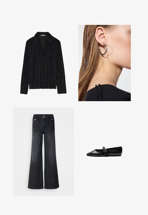 Sort langærmet jakke med en tekstureret, glitrende overflade. Har en kravesnit og en knaplukning foran.; Sorte denim brede ben jeans med høj talje, forknapper og to forlommer; glat tekstur med en let falmet finish.; Sorte flade sko lavet af læder med spidse tæer, justerbar rem med metalspænde, glat tekstur og minimalistisk design.; Sølv hoop ørestik med en poleret overflade, prydet med små guld accenter og en rund form, båret på øreflippen.