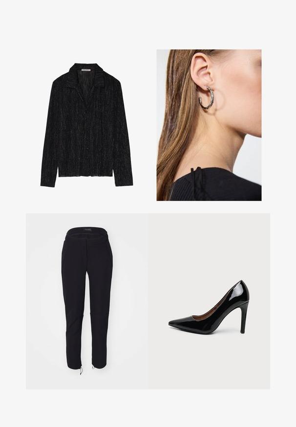 Chaqueta negra de manga larga con una superficie texturizada y brillante. Presenta un cuello con solapa y un cierre de botones en el frente.; Pantalones negros con una textura suave, que cuentan con un diseño ajustado, cinturilla elástica, dos bolsillos y puños ajustables con cordones.; Zapato de salón de mujer de charol negro con tacón alto, punta afilada y tacón delgado sobre un fondo blanco liso.; Pendiente de aro de plata con un acabado pulido, que presenta pequeños detalles en dorado y una forma redonda, llevado en el lóbulo.