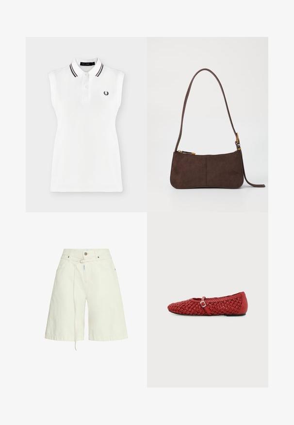 Mouwloze witte polo met twee knopen, geribde kraag met zwarte en rode strepen, en klein lauwerkranslogo op de borst.; Lichtbeige denim shorts met een relaxte fit, riemlussen, voorzakken en een trekkoordfunctie in de taille. Gladde textuur.; Rode platte schoen met geweven textuur en een kleine verstelbare band over de bovenkant, getoond in zijaanzicht op een witte achtergrond.; Bruine suède schoudertas met een gebogen vorm, voorzien van een enkele strap en goudkleurige hardware. Textuur oppervlak met een ritssluiting.