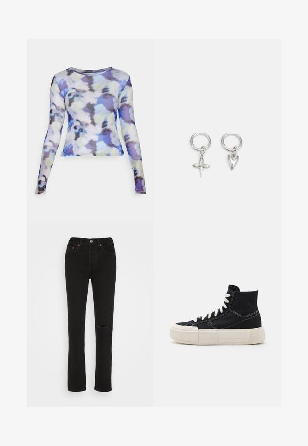 Noisy May NMJUDITH - Camiseta de manga larga - pearled ivory/petal; Jeans de denim negro con un diseño de pierna recta, que cuentan con un detalle de rodilla rasgada, cinco bolsillos y acentos de hardware en color cobre en la cinturilla.; Zapatilla alta de lona negra con cordones blancos, suela gruesa color crema, costuras en contraste y un diseño de punta redondeada.; Pendientes de aro de plata con un charm de cruz y corazón. Textura suave y brillante con un acabado pulido. Cada charm cuelga de un lazo seguro.