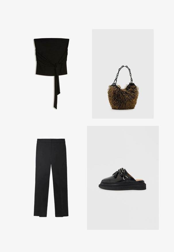 Schwarzes trägerloses Crop-Top mit einem Knoten vorne und langen Bindebändern, die in der Mitte herabhängen.; Schwarze Hose aus glattem Stoff, mit geradem Bein, Gürtelschlaufen und zwei Vorder Taschen. Maßgeschneidertes Design mit klaren Linien.; Schwarze Leder-Slipper mit Quasten und Kettendetail, ausgestattet mit einer dicken schwarzen Sohle und geflochtenem Rand. Glatte Textur.; Schwarze Handtasche mit einer strukturierten, goldfarbenen, stachelartigen Verzierung. Verfügt über einen groben schwarzen Kettenhenkel und eine weiche, anschmiegsame Form.