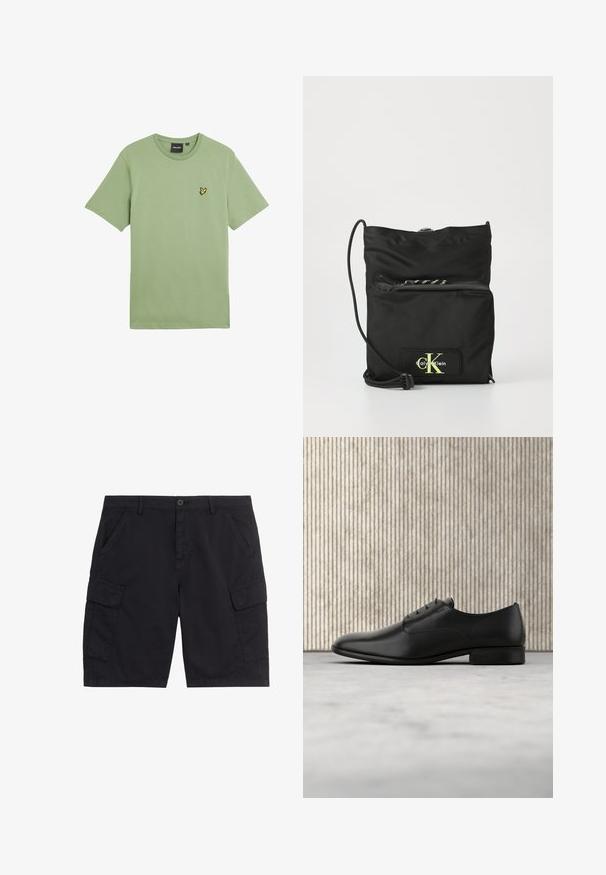 Grünes T-Shirt mit kurzen Ärmeln aus glattem Stoff, mit einem kleinen gelben Vogel-Logo auf der linken Brustseite. Rundhalsausschnitt.; Schwarze Cargo-Shorts mit vorderem Knopf und Reißverschluss, zwei seitlichen Taschen, zwei Klappentaschen und Gürtelschlaufen.; Schwarze Leder-Halbschuh mit schlankem Design, runder Zehenform, fünf Ösen für die Schnürsenkel und einem kleinen, erhöhten Absatz. Dezentes, geprägtes Logodetail.; Schwarze Nylon-Crossbody-Tasche mit verstellbarem Kordelriemen, Vordertasche mit Reißverschluss und fluoreszierendem Logo-Patch auf einem Lederakzent.