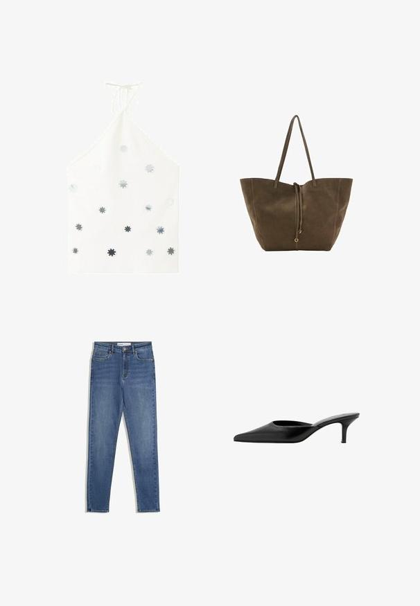 Hvid haltertop med sølvfarvede cirkulære palietter spredt over fronten og tynde stropper bundet ved halsen.; Blå denim jeans med høj talje, slim fit, forlommer, lynlås og kontrasterende syninger. Struktureret design med en glat overflade.; Sort læder mule med spids tå, lav, slank hæl og design uden hæl, som man nemt kan træde i.; Stor olivengrøn suede tote bag med to lange stropper, snørehjem og en glat tekstur. Minimalistisk design uden yderligere mønstre.