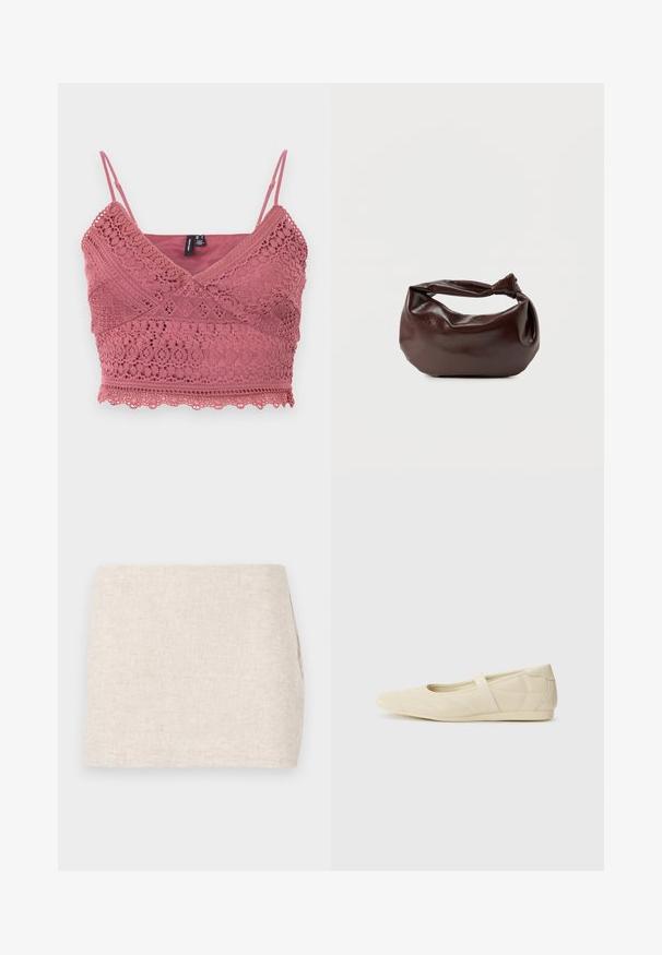 Rosenpink hæklede bralette med justerbare spaghetti-stropper, bølget kant og indviklede blondermønstre i stoffet.; Beige linnedyr med et minimalistisk design, der har en glat tekstur og en subtil vævning. Det har en lige, simpel skæring uden synlige lukninger.; Lysebrune ballet flats med en glat læderoverflade, mandelformet tå og elastisk rem over vristen, med diskrete syninger.; Mørkebrun læder skuldertaske med en blød, afslappet form og et snoet knudehåndtag på en ensartet hvid baggrund.