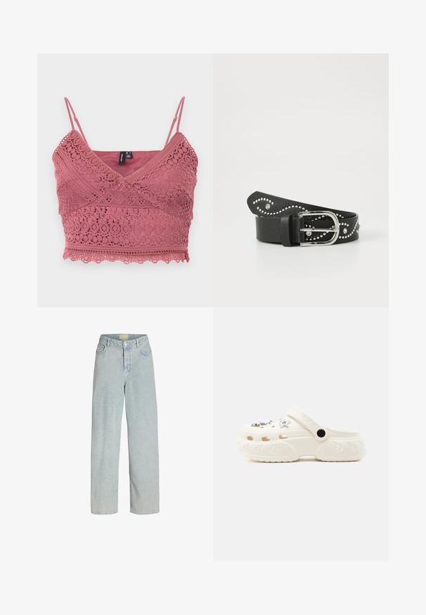 Rosenpink hæklede bralette med justerbare spaghetti-stropper, bølget kant og indviklede blondermønstre i stoffet.; Lyseblå denim brede bukser med høj talje, frontlommer og knaplukning. Stof i en blød, let tekstureret udseende.; Hvid slip-on træskosko med ventilationshuller, stjerne- og perlecharms, justerbar bagrem og tyk tekstureret sål.; Sorte faux læder bælte med sølvfarvede nitter i et bølget mønster, med en sølvmetal spænde og en struktureret finish.