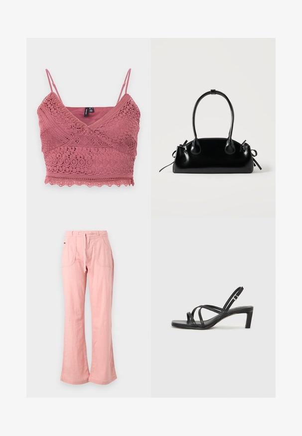 Rose-Pink-Crochet-Bralette mit verstellbaren Spaghettiträgern, gewelltem Saum und kunstvollen Spitzenmustern im gesamten Stoff.; Helle rosa, weite Hosen aus einem weichen Stoff, mit einem Kordelzugbund, zwei vorderen Taschen und einer strukturierten Oberfläche.; Schwarze Sandale mit Riemchen, quadratischer Zehenform und niedrigem Blockabsatz. Verfügt über mehrere dünne Riemen und einen verstellbaren Knöchelriemen. Hergestellt aus glattem Leder.; Kleine schwarze glänzende Handtasche mit zwei langen Griffen und seitlichen Kordelzug-Details vor einfachem hellem Hintergrund.