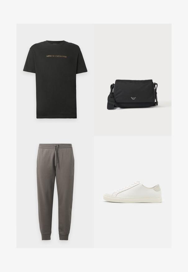 Zwarte korte mouwen t-shirt met ronde hals, met "ARMANI EXCHANGE" in gouden letters op de borst gedrukt.; Grijze sweatpants met een trekkoord in de taille, taps toelopende benen en geribbelde manchetten. Vlotte textuur, met een subtiele logo-detail.; Witte leren sneaker met een gladde oppervlakte, ronde neus en minimalistisch ontwerp. Heeft beige accenten op de hiel en een rubberen zool.; Zwarte crossbodytas met verstelbare band en klein zilverkleurig logo-embleem op de voorflap, afgebeeld op een effen lichte achtergrond.