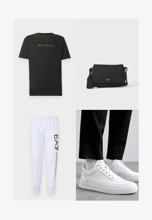 Zwarte korte mouwen t-shirt met ronde hals, met "ARMANI EXCHANGE" in gouden letters op de borst gedrukt.; Witte sweatpants gemaakt van zacht materiaal, met zwarte bedrukte logo's "EA7" en "Emporio Armani" langs het linkerpijp, en voorzien van een elastische tailleband en boorden.; Witte leren sneakers met een platte rubberen zool, met een soepele afwerking, ronde neus en metalen oogjes voor de veters. Draag ze met een zwarte broek.; Zwarte crossbodytas met verstelbare band en klein zilverkleurig logo-embleem op de voorflap, afgebeeld op een effen lichte achtergrond.