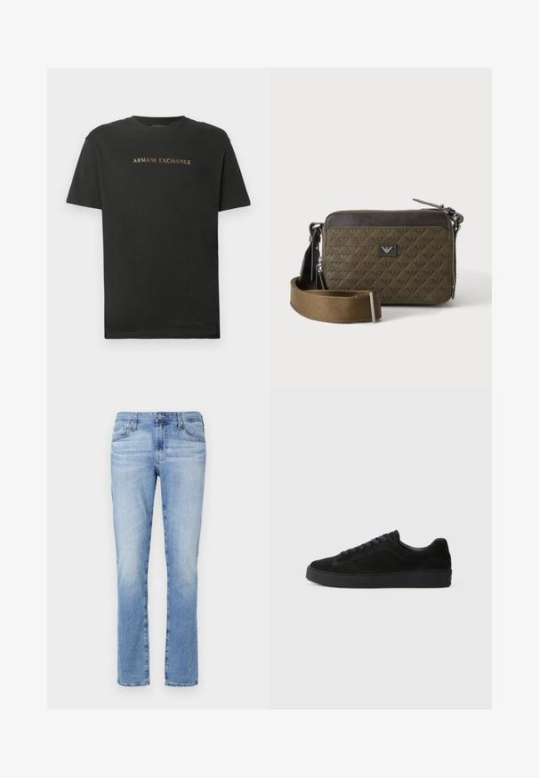Čierne tričko s krátkym rukávom a okrúhlym výstrihom s nápisom "ARMANI EXCHANGE" vytlačeným zlatým písmom na hrudníku.; Svetlomodré džínsy s rovnými nohavicami, so zapínaním na gombík, piatimi vreckami a miernym vyblednutím látky.; Čierne semišové tenisky s plochou, textúrovanou podrážkou, zaoblenou špičkou, šiestimi očkami na šnúrky a minimalistickým dizajnom.; Malá obdĺžniková hnedá crossbody kabelka s vzorovanou textúrou, prednou logovou nášivkou, zipsovým zapínaním a širokým nastaviteľným pásikom.