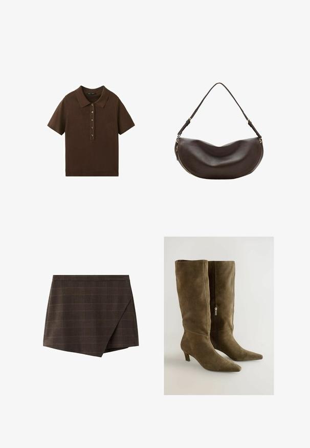 Polo en maille brun à manches courtes avec cinq boutons sur le devant et un col classique, présenté sur fond blanc.; Jupe portefeuille à carreaux marron avec un design structuré, une ceinture insérée et un ourlet légèrement incliné, en tissu texturé.; Bottes en suède vert olive montantes jusqu'au genou, à bout pointu et à talon fin. Comprend une fermeture à glissière sur le côté. Texture lisse.; Sac à bandoulière en cuir marron foncé avec une forme courbée, une sangle réglable et une fermeture éclair dorée le long du bord inférieur.