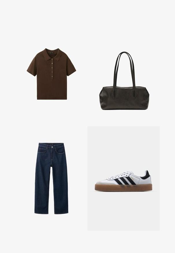 Brun kortærmet strikket polo med fem knapper foran og en klassisk krave, vist på hvid baggrund.; Mørkeblå denim jeans med et lige ben-design, der har en klassisk fem-pockets stil, synlig syning og en knaplukning i taljen.; Hvide lædersneakers med sorte striber, gummirubber sål, rund tå, snørelukning og blød grå ruskinds tåhætte.; Sort lædertaske i rektangulær form med lange dobbelte skulderremme og en struktureret overflade, vist mod en ensfarvet hvid baggrund.