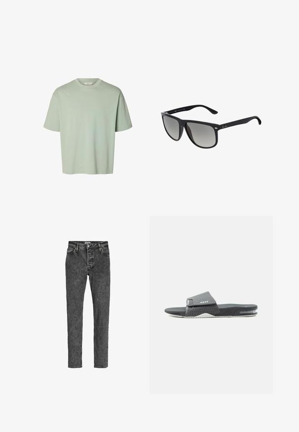 Lysegrøn kortærmet t-shirt med rund hals og løs pasform, vist på en ensfarvet hvid baggrund.; Jack & Jones Relaxed Fit JJICHRIS JJORIGINAL SQ 734 - Jeans Tapered Fit - black denim; Sort og grå Reef slidssandal med perforeret justerbar rem og synlig polstring i sålen, vist fra siden på hvid baggrund.; Sorte plastik solbriller med gradientlinser. Firkantet form med afrundede kanter, prydet med sølv metalaccenter og en tekstureret inderside på stængerne.