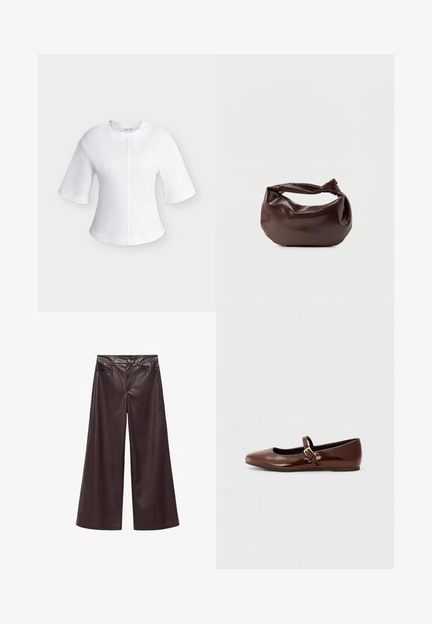 Hvid kortærmet bluse med rund halsudskæring og central lodret sømdetalje foran.; Brune faux læder wide-leg bukser med høj talje, der har forlommer og klassisk knaplukning. Glat tekstur og mat finish.; Brun patentlæder balletflade med firkantet tå og strop med en lille guldbuckle. Glat tekstur, lav hæl og minimalistisk design.; Mørkebrun læder skuldertaske med en blød, afslappet form og et snoet knudehåndtag på en ensartet hvid baggrund.