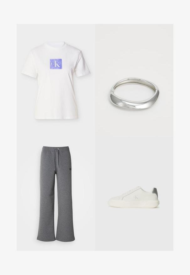 Hvid bomulds t-shirt med et lilla kvadratisk design med bogstaverne "CK" i en lys nuance. Kortærmet og med rund halsudskæring.; Grå sweatpants lavet af blødt stof, med bindebånd i taljen, brede ben og subtil logo-detalje på siden.; Hvide sneakers lavet af læder med en glat tekstur, forsynet med en sølvaccent på hælen, flad sål og minimalistisk design.; Sølv metal armbånd med et glat, buet design. Poleret overflade og afrundede kanter skaber et strømlinet udseende.