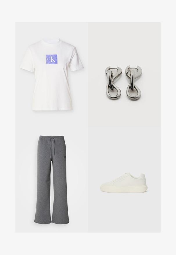 Λευκό βαμβακερό t-shirt με μώβ τετράγωνο σχέδιο που περιλαμβάνει τα γράμματα "CK" σε ανοιχτή απόχρωση. Κοντά μανίκια και στρογγυλή λαιμόκοψη.; Γκρίζες φόρμες από μαλακό ύφασμα, με ζώνη που ρυθμίζεται με κορδόνι, φαρδιά πόδια και διακριτική λεπτομέρεια λογότυπου στο πλάι.; Λευκό χαμηλό sneaker με χοντρή σόλα, κλείσιμο με κορδόνια, διακριτικό λογότυπο Calvin Klein στο πλάι και επενδυμένη πίσω πλάτη.; Ζευγάρι ασημένιων μεταλλικών σκουλαρικιών με αφηρημένο σχέδιο διαπλεγμένων βρόχων σε λευκό φόντο.