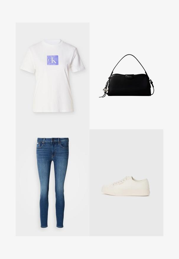 Λευκό βαμβακερό t-shirt με μώβ τετράγωνο σχέδιο που περιλαμβάνει τα γράμματα "CK" σε ανοιχτή απόχρωση. Κοντά μανίκια και στρογγυλή λαιμόκοψη.; Slim-fit τζιν παντελόνι σε σκούρο μπλε, με κλασικό σχέδιο πέντε τσεπών, θηλιές για ζώνη και κούμπωμα με κουμπί εμπρός. Μεσαίας πλύσης με διακριτική φθορά.; Αθλητικά παπούτσια από καμβά σε off-white απόχρωση, με χαμηλή σόλα, στρογγυλή μύτη και επίπεδη λάστιχη σόλα με λεπτομέρειες ραφής.; Μαύρη ορθογώνια τσάντα Calvin Klein με ενιαίο λουράκι στο πάνω μέρος, ασημί λογότυπο-γαντζάκι και μικρό καπάκι κλεισίματος στο μπροστινό μέρος.