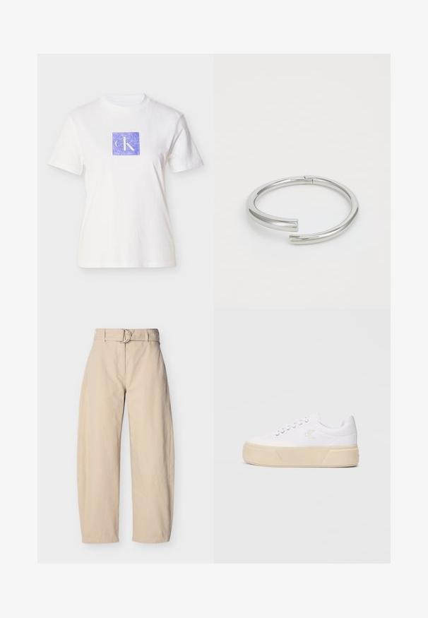 T-shirt en coton blanc avec un motif carré violet portant les lettres "CK" dans une teinte claire. Manches courtes et col rond.; Pantalon beige à jambes larges en coton, doté d'une taille ceinturée avec une boucle ronde en métal, de poches latérales et d'une texture lisse.; Baskets blanches en toile avec une semelle plateforme beige épaisse, présentant un logo brodé discret sur le côté et un design classique à lacets.; Calvin Klein SPIRAL - Bracelet - silver-coloured
